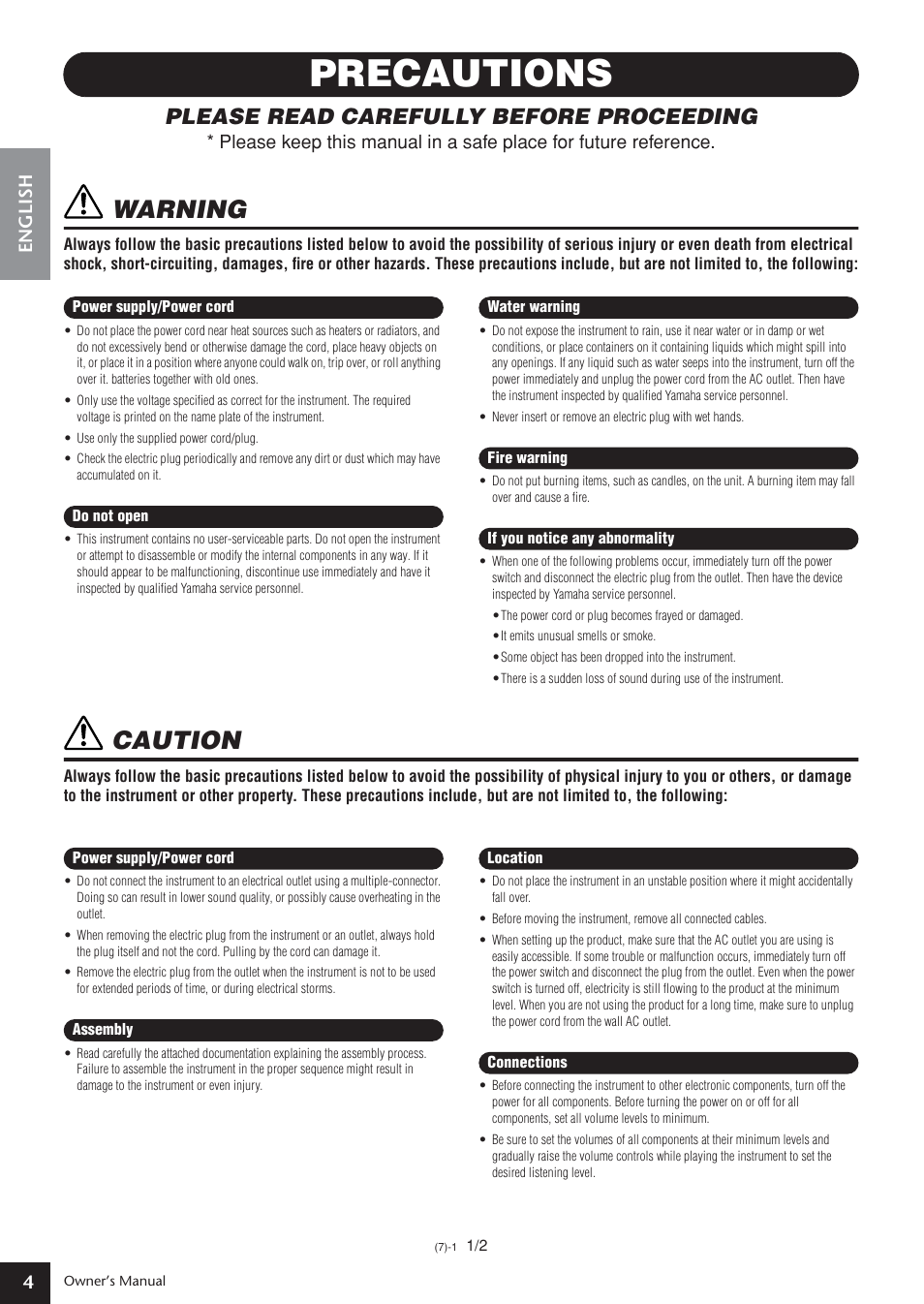 Introduction, Precautions, Warning | Caution, Please read carefully before proceeding | Yamaha ARIUS YDP-181 User Manual | Page 4 / 70