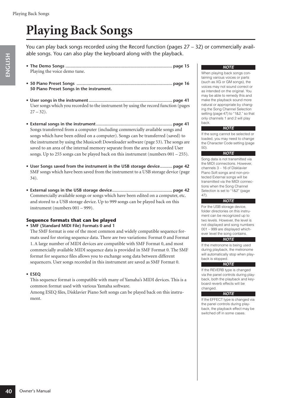 Playing back songs, 40 english | Yamaha ARIUS YDP-181 User Manual | Page 40 / 70