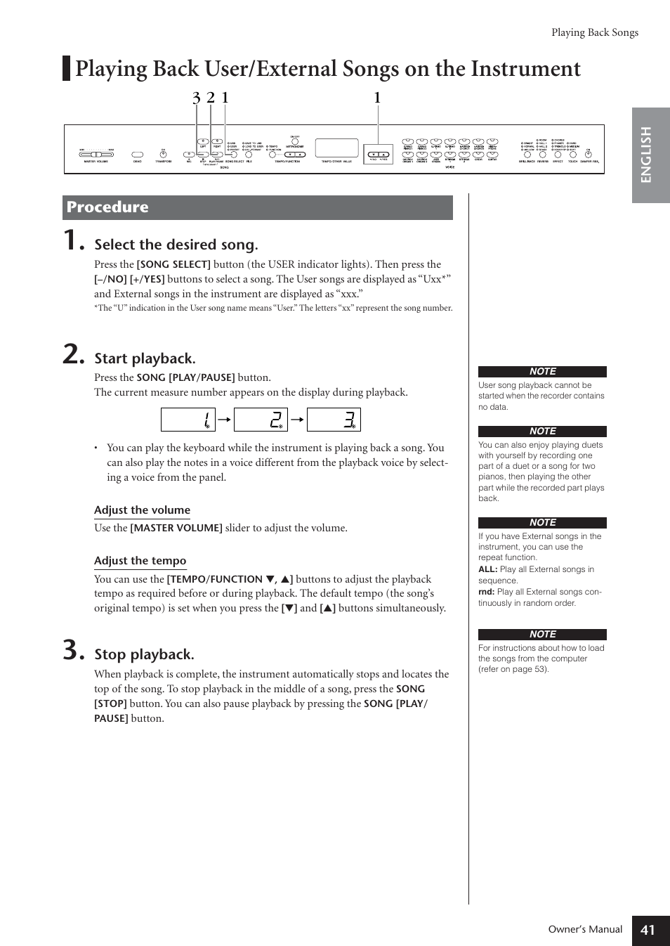 Playing back user/external songs on the instrument, Procedure | Yamaha ARIUS YDP-181 User Manual | Page 41 / 70