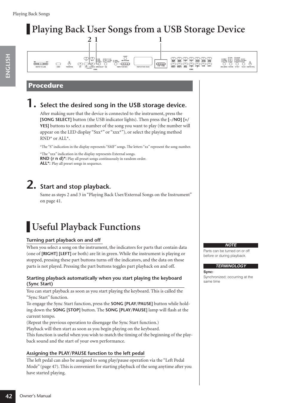 Playing back user songs from a usb storage device, Useful playback functions, Procedure | Yamaha ARIUS YDP-181 User Manual | Page 42 / 70