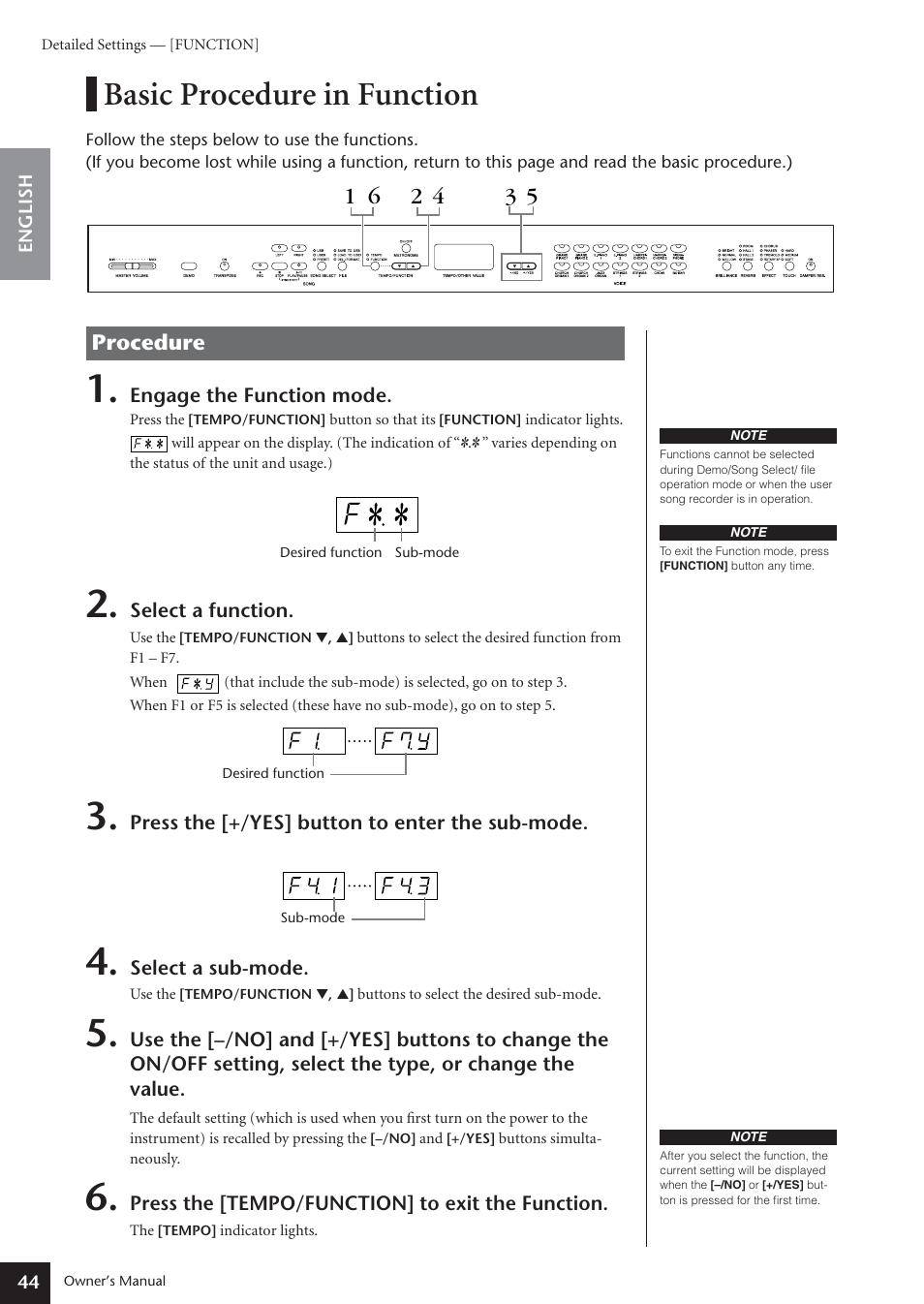Basic procedure in function | Yamaha ARIUS YDP-181 User Manual | Page 44 / 70