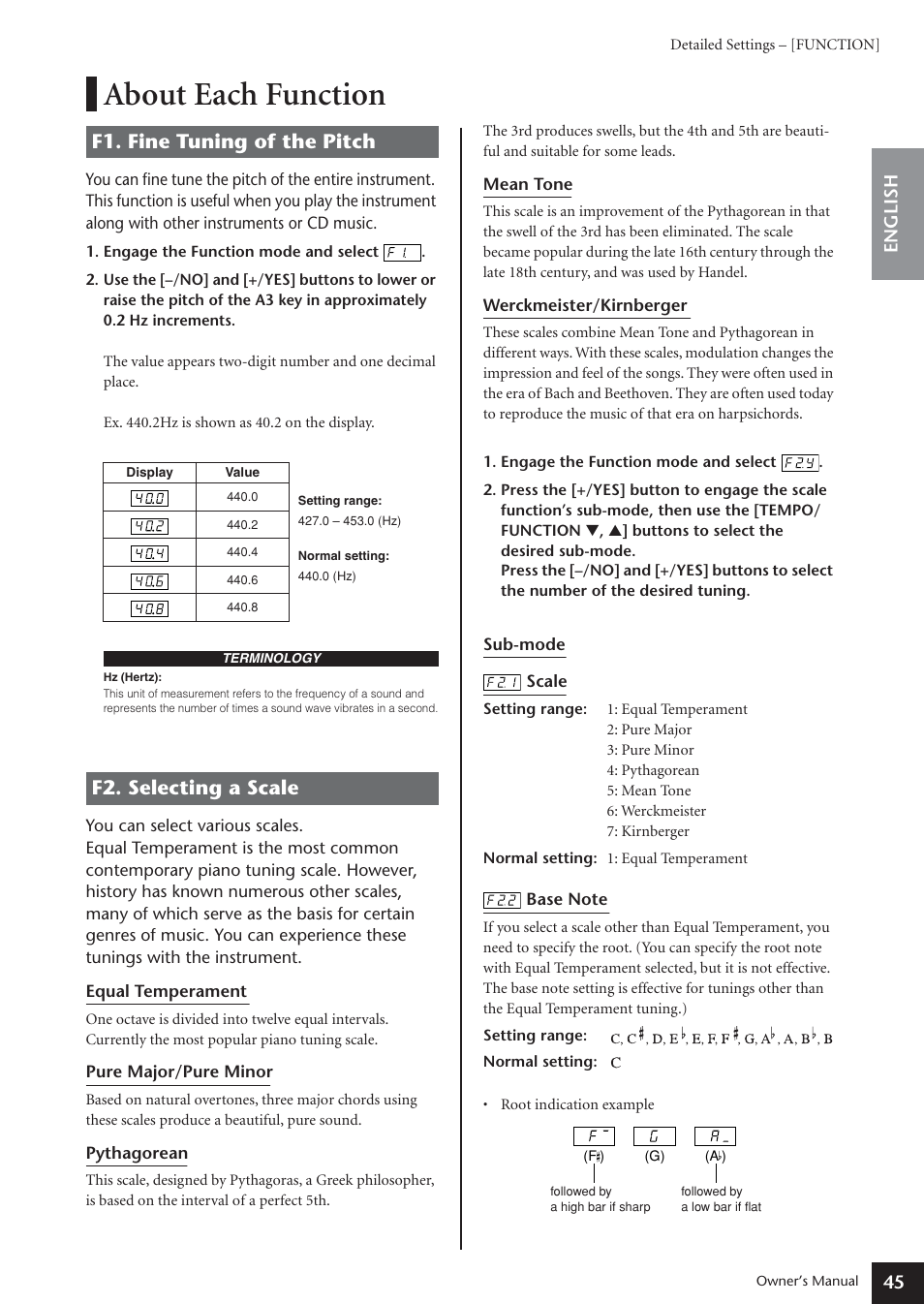 About each function, F1. fine tuning of the pitch, F2. selecting a scale | F1. fine tuning of the pitch f2. selecting a scale, 45 english | Yamaha ARIUS YDP-181 User Manual | Page 45 / 70