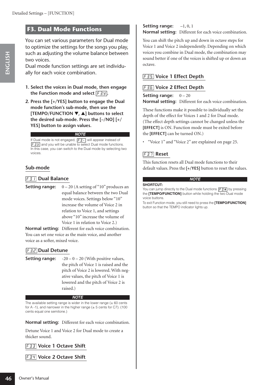 F3. dual mode functions, 46 english | Yamaha ARIUS YDP-181 User Manual | Page 46 / 70