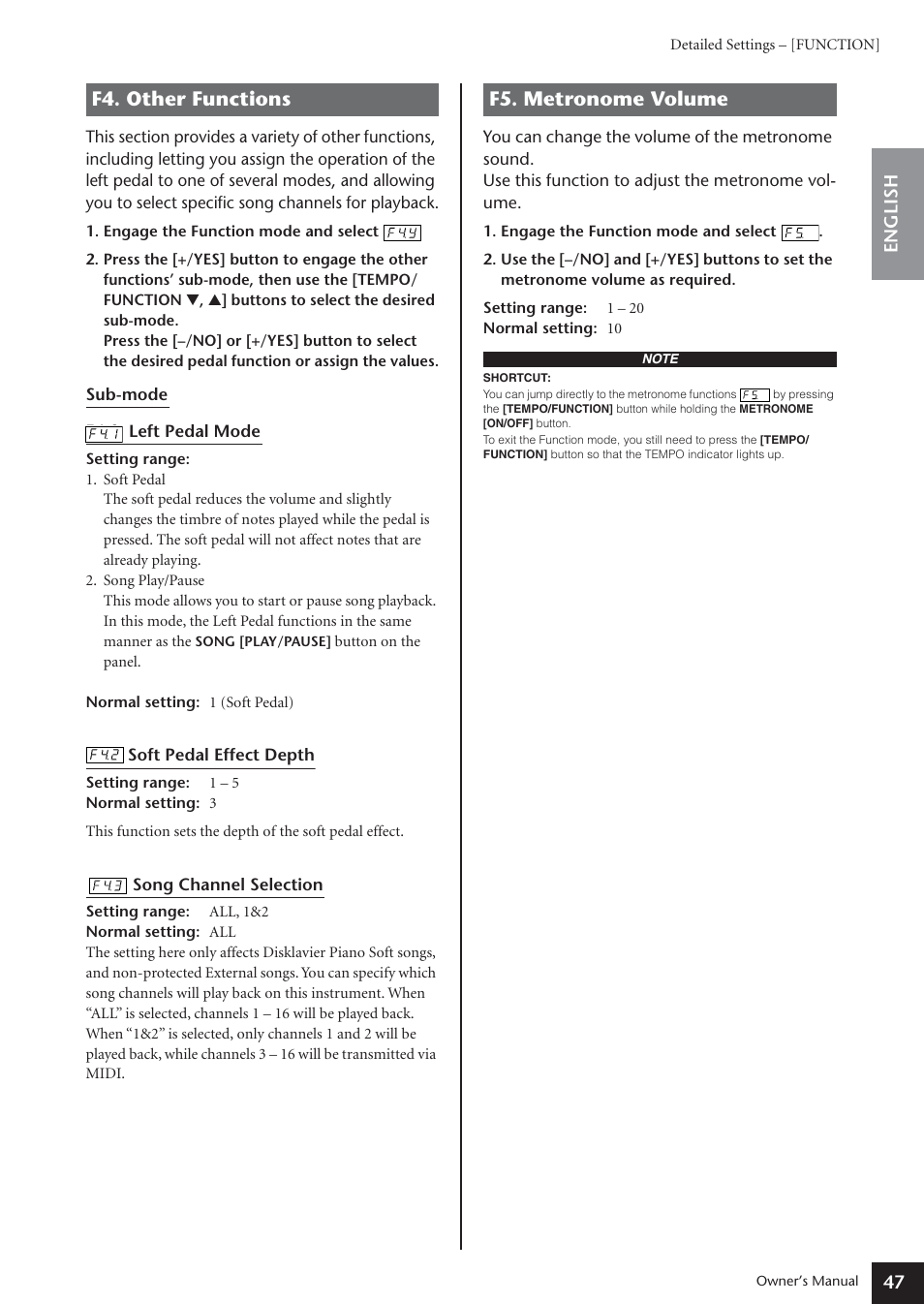 F4. other functions, F5. metronome volume, F4. other functions f5. metronome volume | Yamaha ARIUS YDP-181 User Manual | Page 47 / 70