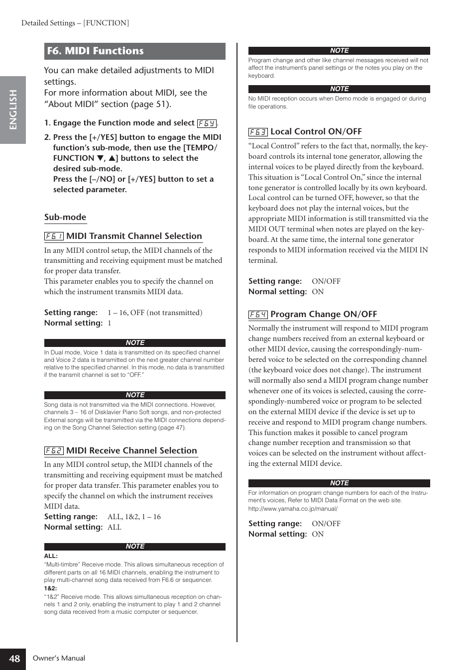 F6. midi functions, 48 english | Yamaha ARIUS YDP-181 User Manual | Page 48 / 70