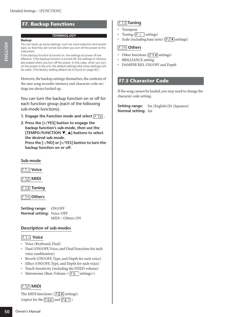 F7. backup functions, F7.5 character code, F7. backup functions f7.5 character code | Yamaha ARIUS YDP-181 User Manual | Page 50 / 70