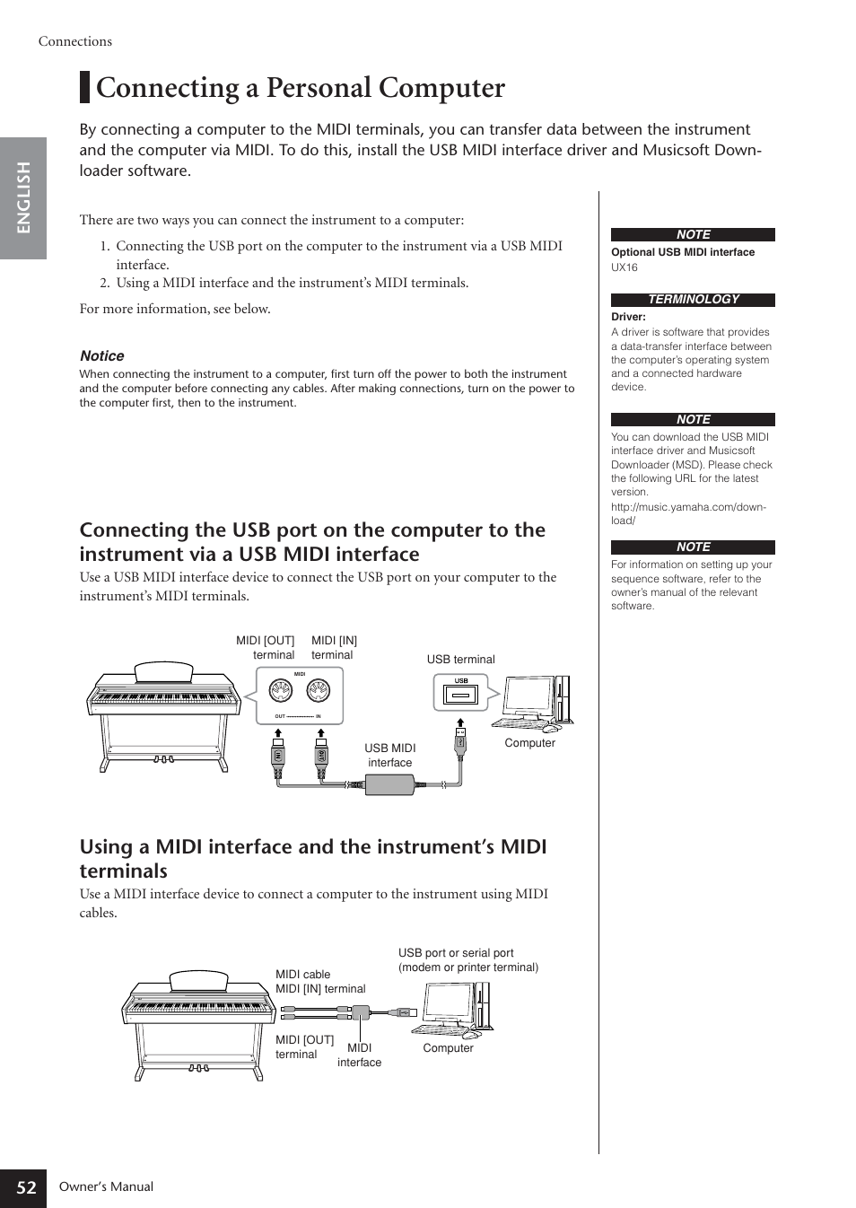 Connecting a personal computer, 52 english | Yamaha ARIUS YDP-181 User Manual | Page 52 / 70