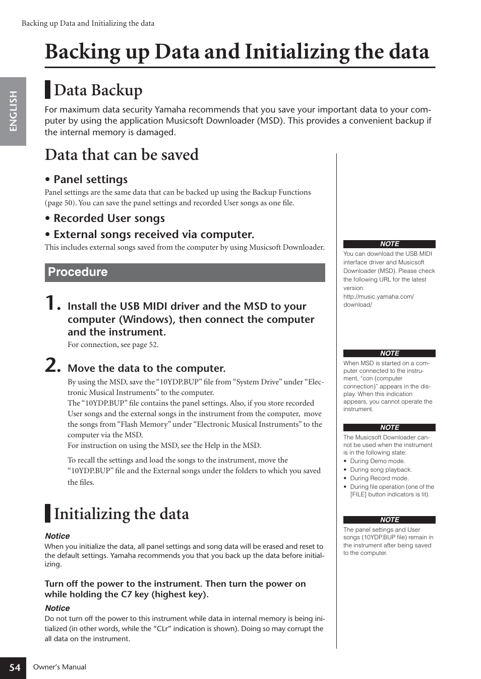 Backing up data and initializing the data, Data backup, Initializing the data | Data backup initializing the data, Data that can be saved, Procedure, Panel settings | Yamaha ARIUS YDP-181 User Manual | Page 54 / 70
