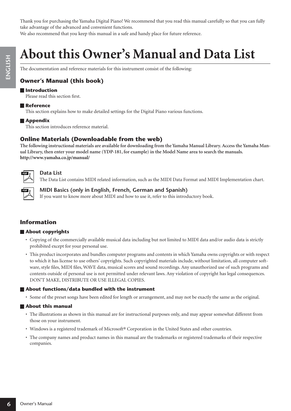 About this owner’s manual and data list | Yamaha ARIUS YDP-181 User Manual | Page 6 / 70