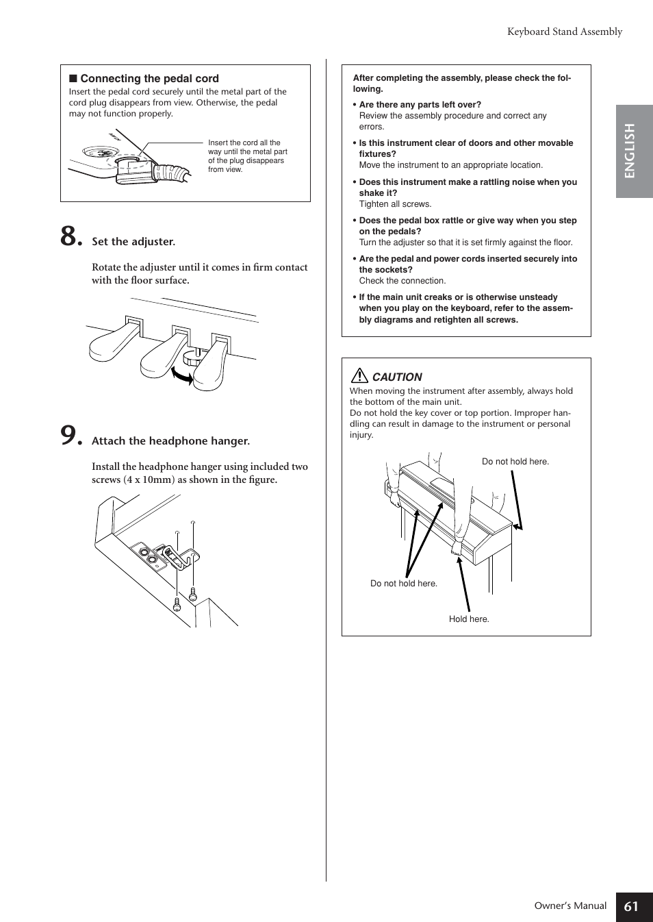 61 english, Keyboard stand assembly, Caution | Owner’s manual | Yamaha ARIUS YDP-181 User Manual | Page 61 / 70