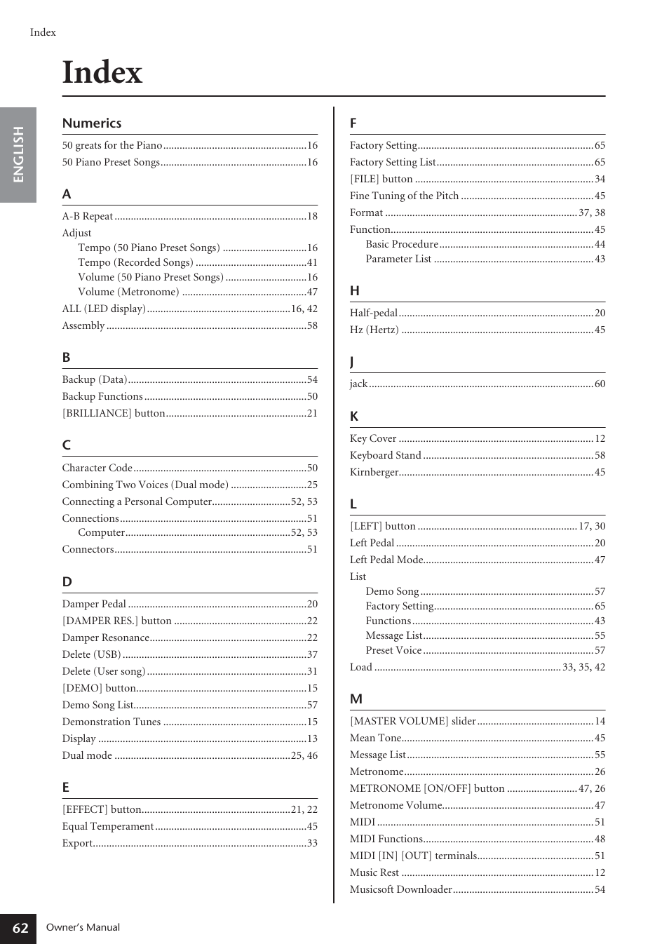 Index, Numerics | Yamaha ARIUS YDP-181 User Manual | Page 62 / 70