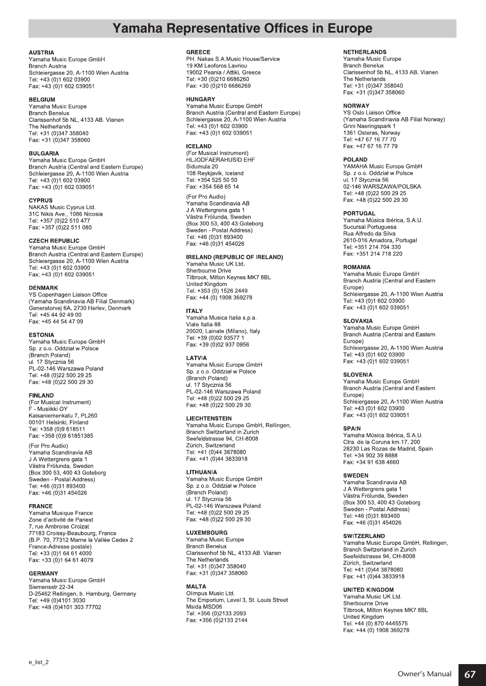 Yamaha representative offices in europe | Yamaha ARIUS YDP-181 User Manual | Page 67 / 70