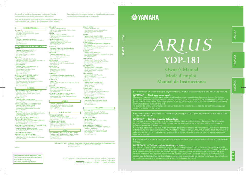 Ydp-181, English français español | Yamaha ARIUS YDP-181 User Manual | Page 70 / 70