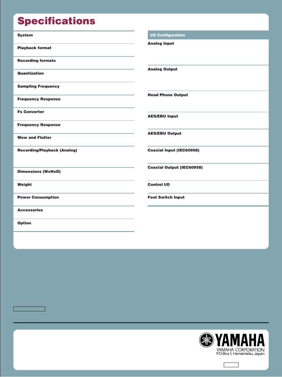 Specifications | Yamaha Professional Audio CD Recorder CDR1000 User Manual | Page 4 / 4