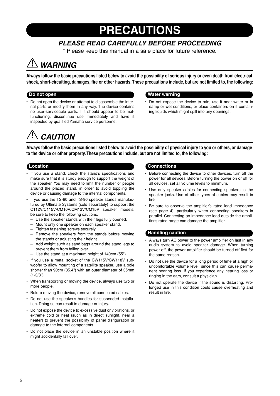 English, Precautions, Warning | Caution, Please read carefully before proceeding | Yamaha C115V User Manual | Page 2 / 11