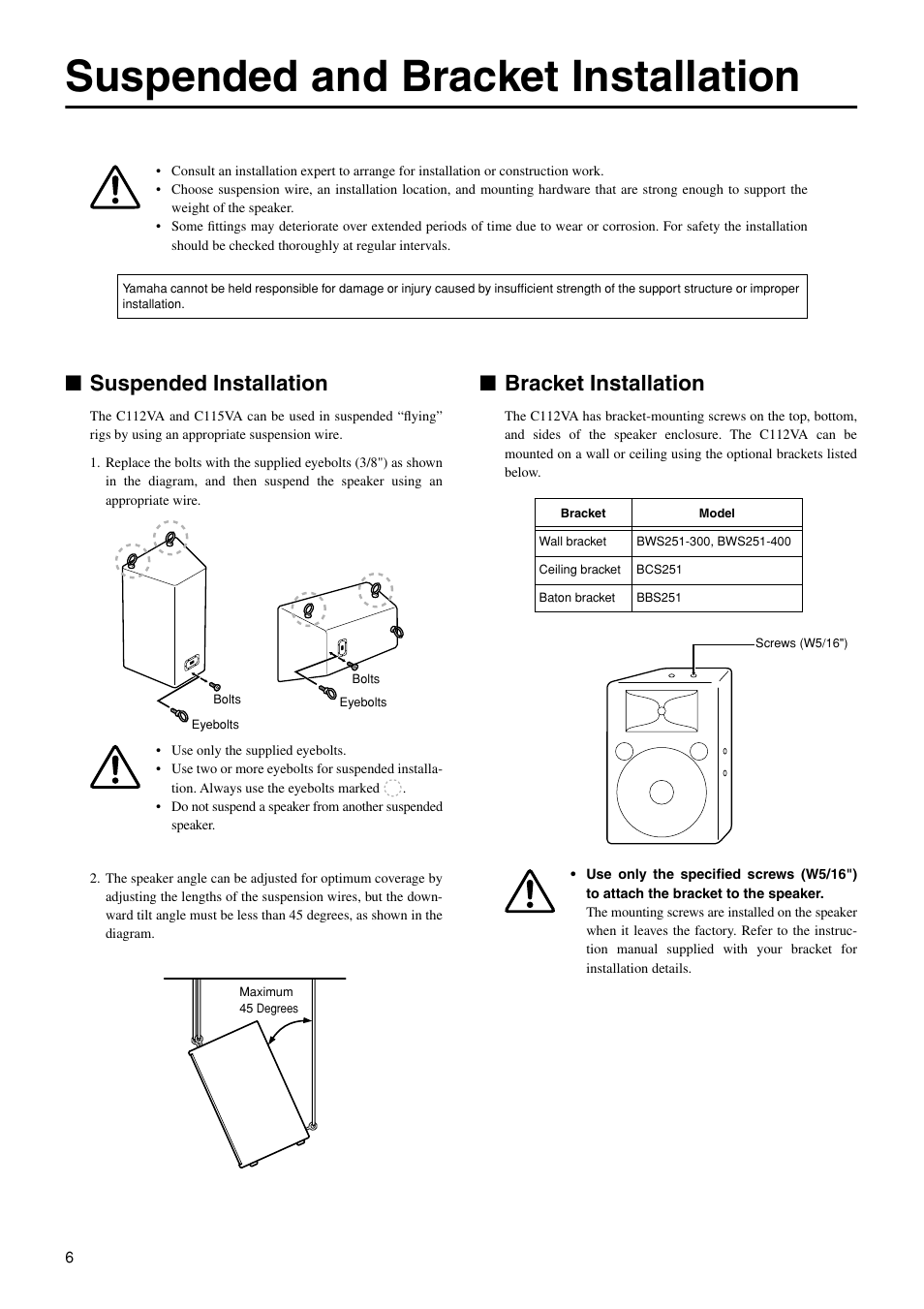 Suspended and bracket installation, Suspended installation, Bracket installation | Yamaha C115V User Manual | Page 6 / 11