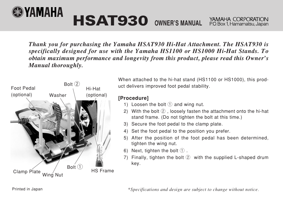 Yamaha Hi-Hat Attachment HSAT930 User Manual | 1 page