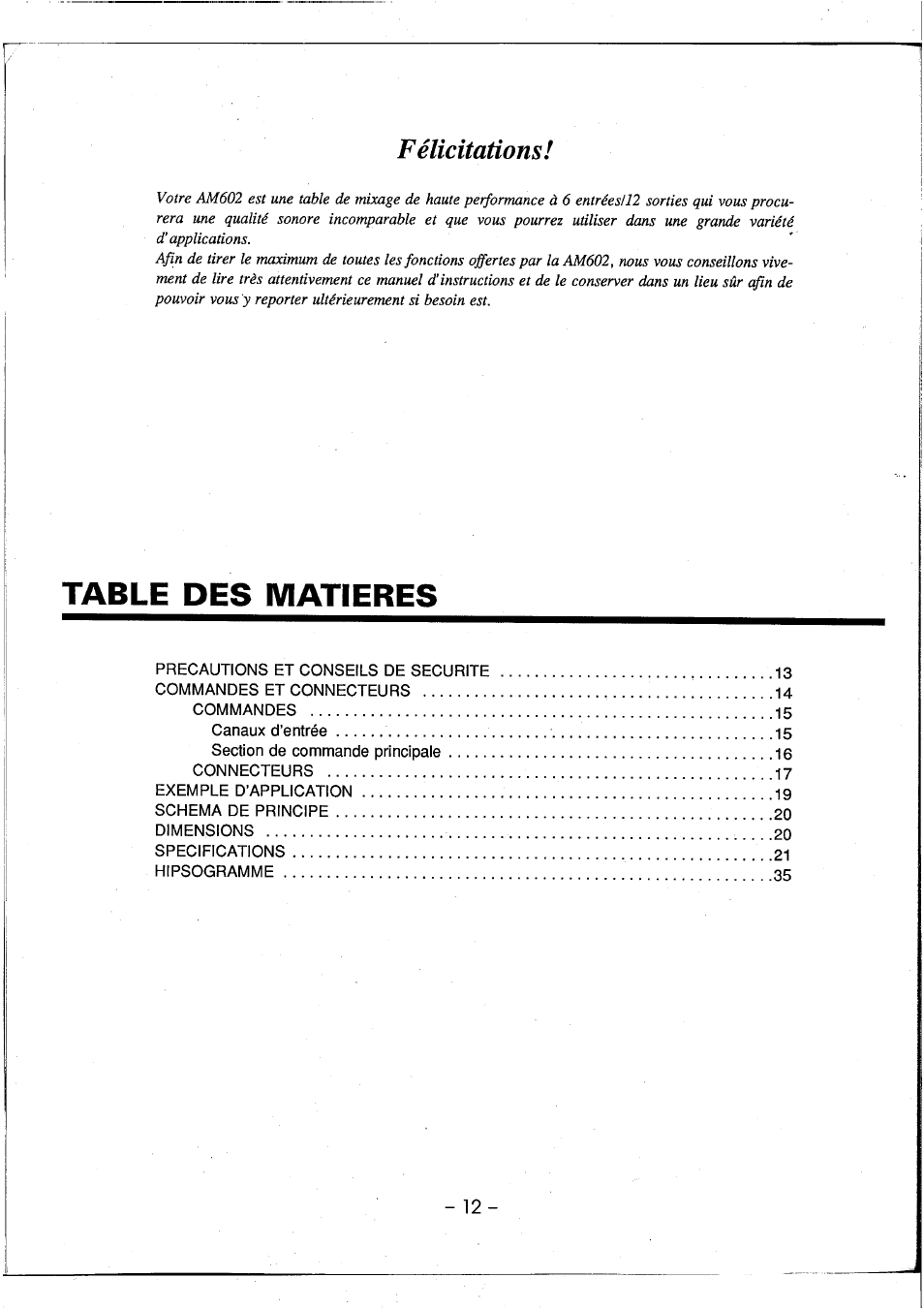 Table des matieres, Félicitations | Yamaha AM602 User Manual | Page 14 / 38