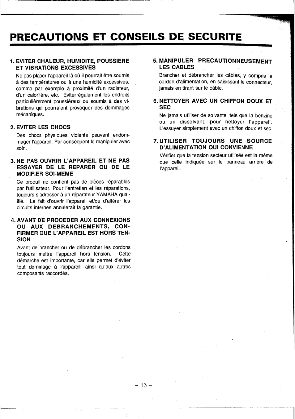 Precautions et conseils de securite | Yamaha AM602 User Manual | Page 15 / 38