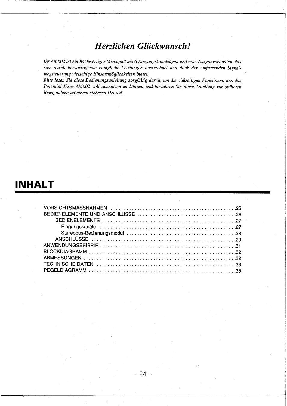 Inhalt, Herzlichen glückwunsch | Yamaha AM602 User Manual | Page 26 / 38