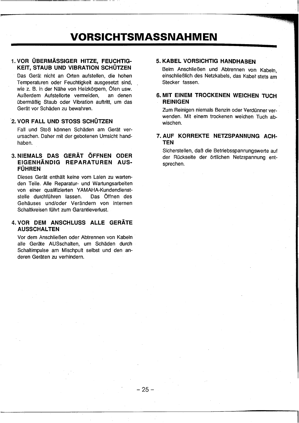 Vorsichtsmassnahmeim, Vorsichtsmassnahmen | Yamaha AM602 User Manual | Page 27 / 38