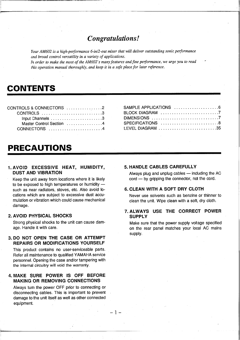 Yamaha AM602 User Manual | Page 3 / 38