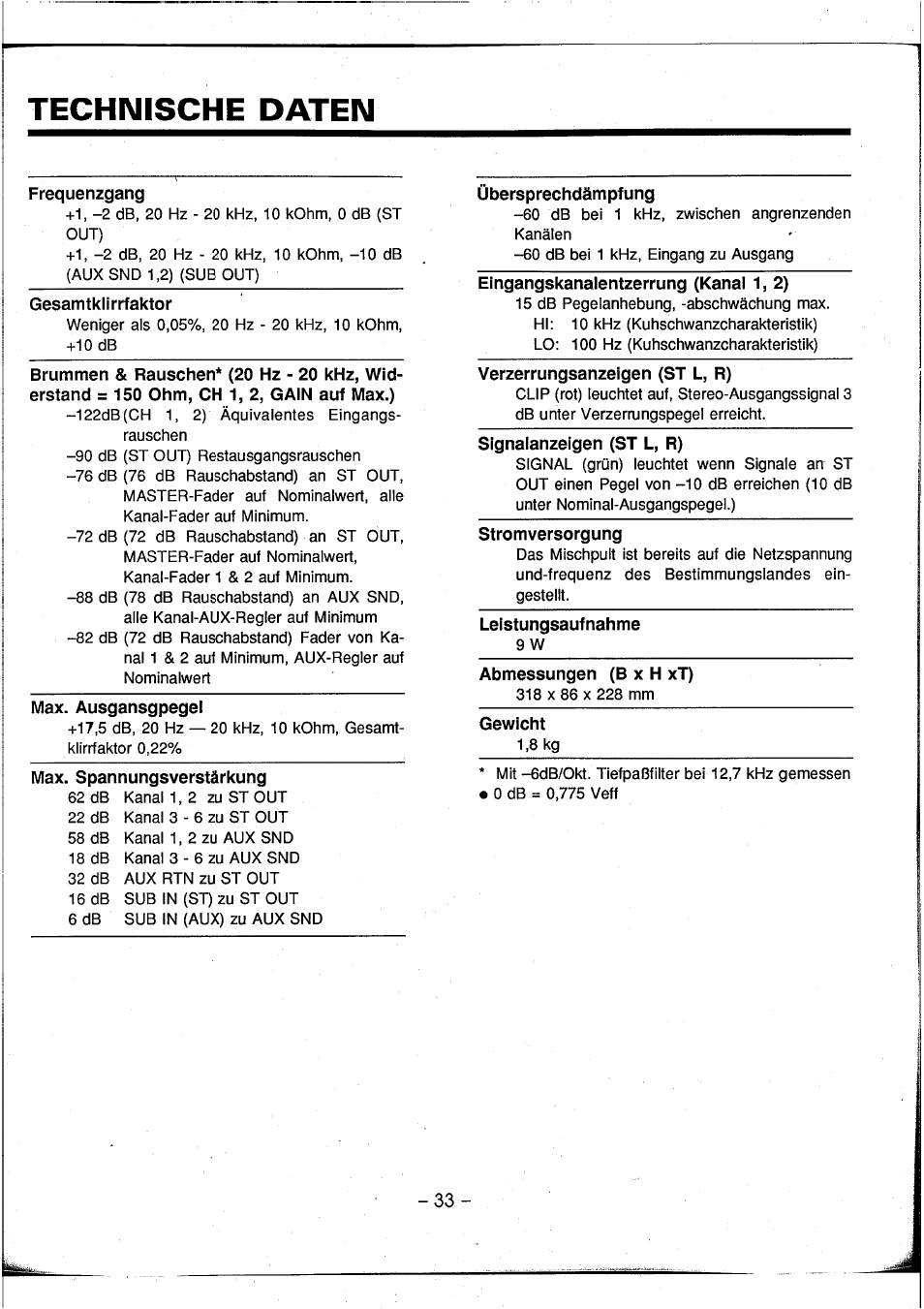 Technische daten, Frequenzgang, Gesamtklirrfaktor | Max. ausgansgpegel, Übersprechdämpfung, Eingangskanalentzerrung (kanal 1, 2, Verzerrungsanzeigen (st l, r), Signalanzeigen (st l, r), Stromversorgung, Leistungsaufnahme | Yamaha AM602 User Manual | Page 35 / 38