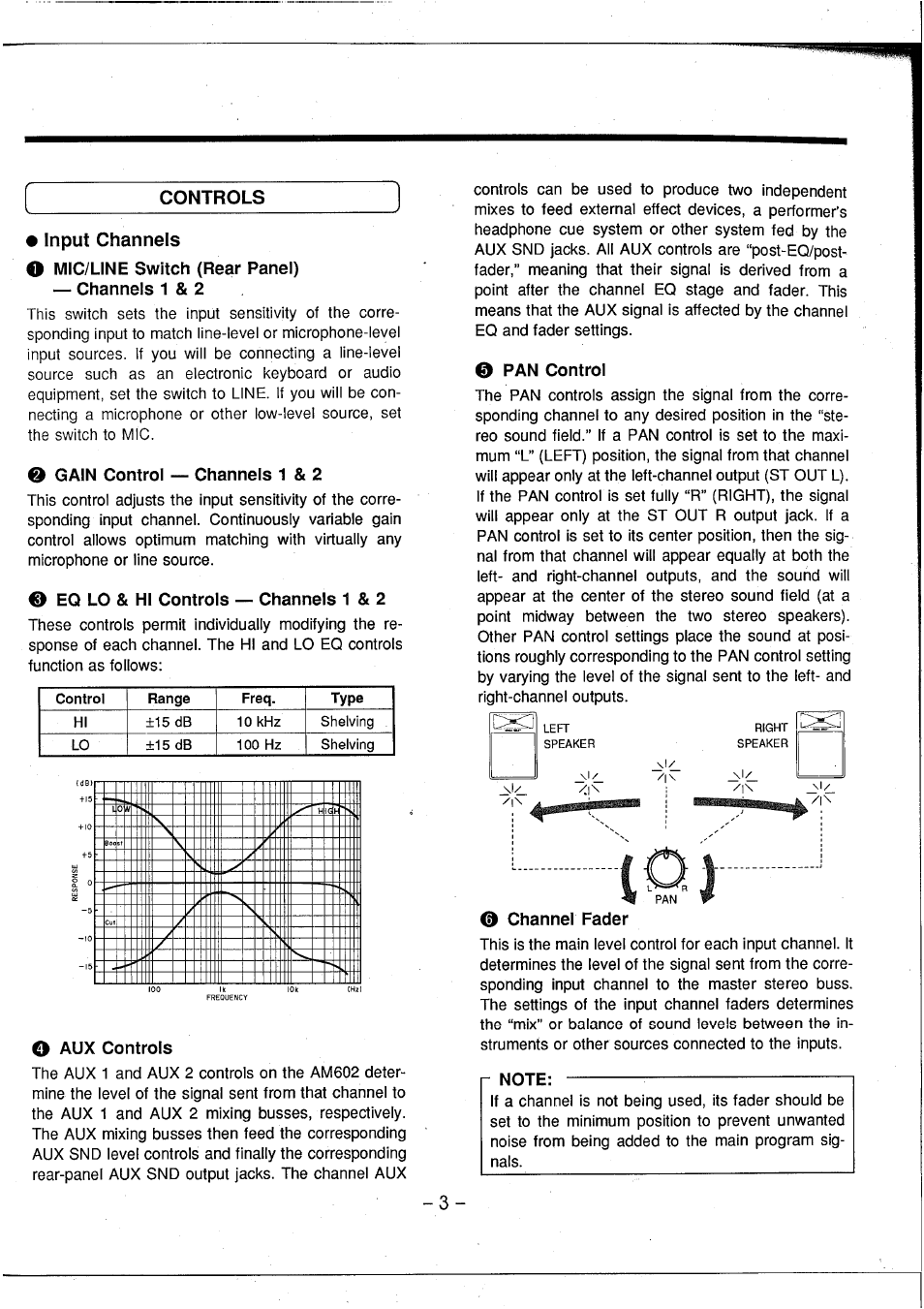 Input channels, O mic/line switch (rear panel), Channels 1 & 2 | O gain control — channels 1 & 2, 0 eq lo & hi controls — channels 1 & 2, O aux controls, 0 pan control, 0 channel fader, Note | Yamaha AM602 User Manual | Page 5 / 38
