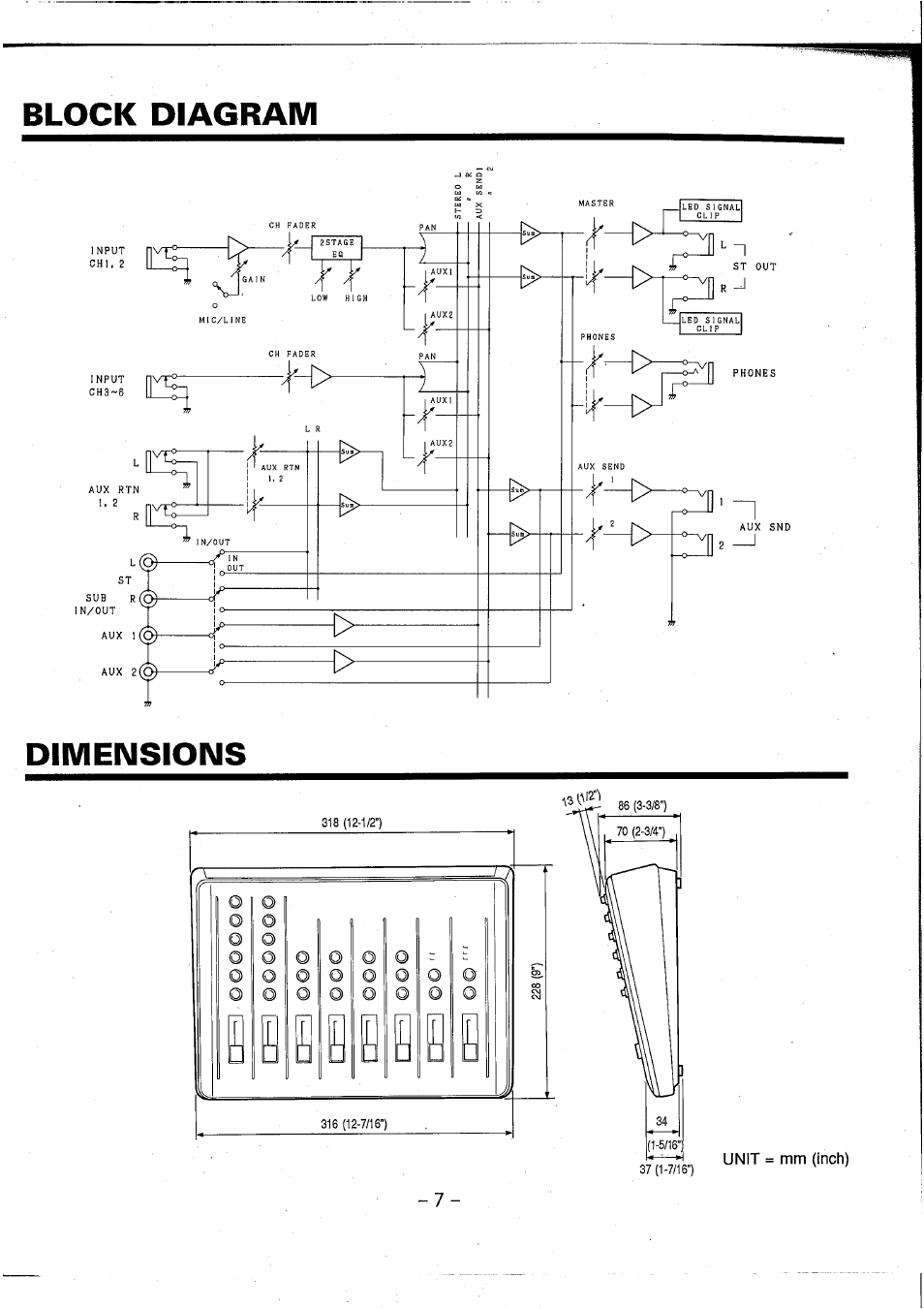 Block diagram, Dimensions | Yamaha AM602 User Manual | Page 9 / 38