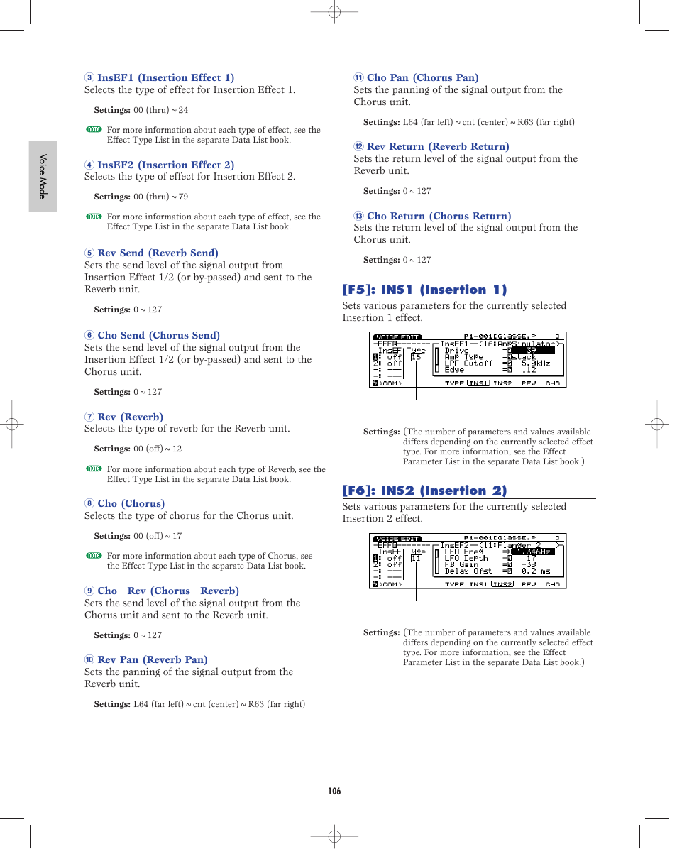 F5:insertion effect 1, F6:insertion effect 2 | Yamaha EX5R User Manual | Page 106 / 304