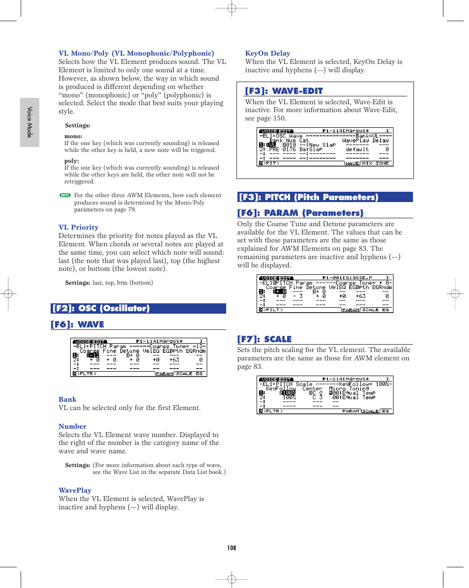 F6:parameter, F2:oscillator, F6:wave | F3:pitch | Yamaha EX5R User Manual | Page 108 / 304