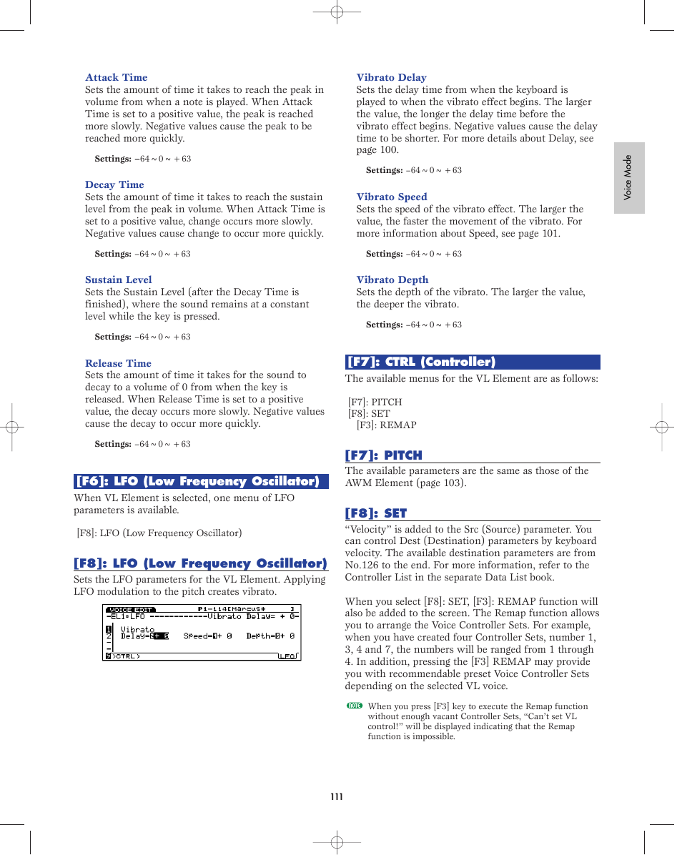 F6:lfo, F8:lfo, F7:controller | F8:controller set, F3:remap | Yamaha EX5R User Manual | Page 111 / 304