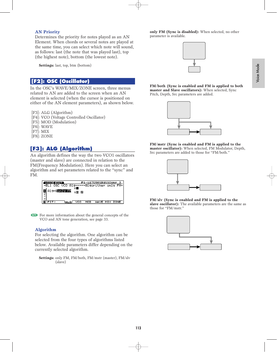 F2:oscillator, F3:algorithm, F2]: osc (oscillator) | F3]: alg (algorithm) | Yamaha EX5R User Manual | Page 113 / 304