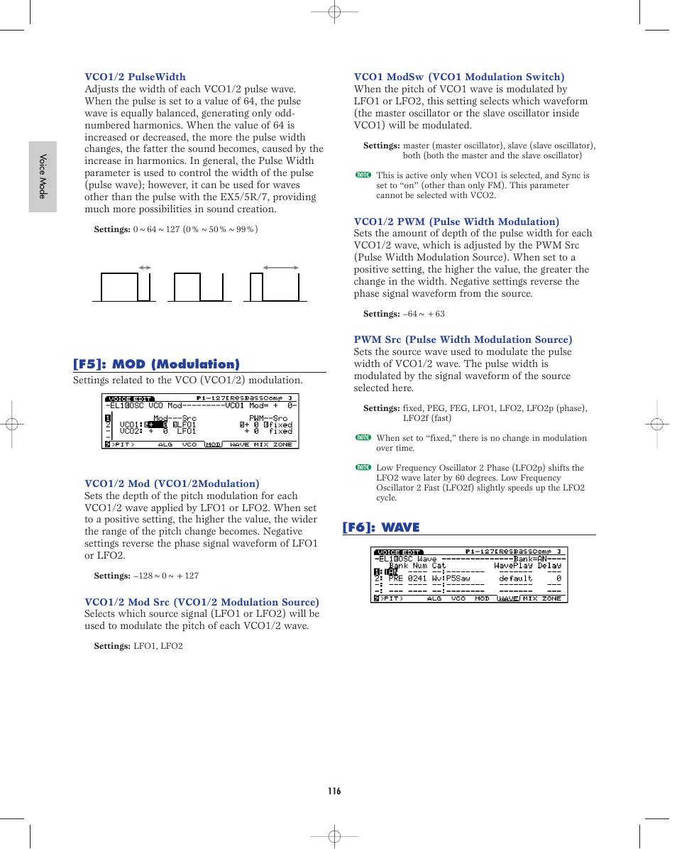 F5:modulation, F6:wave, F5]: mod (modulation) | F6]: wave | Yamaha EX5R User Manual | Page 116 / 304