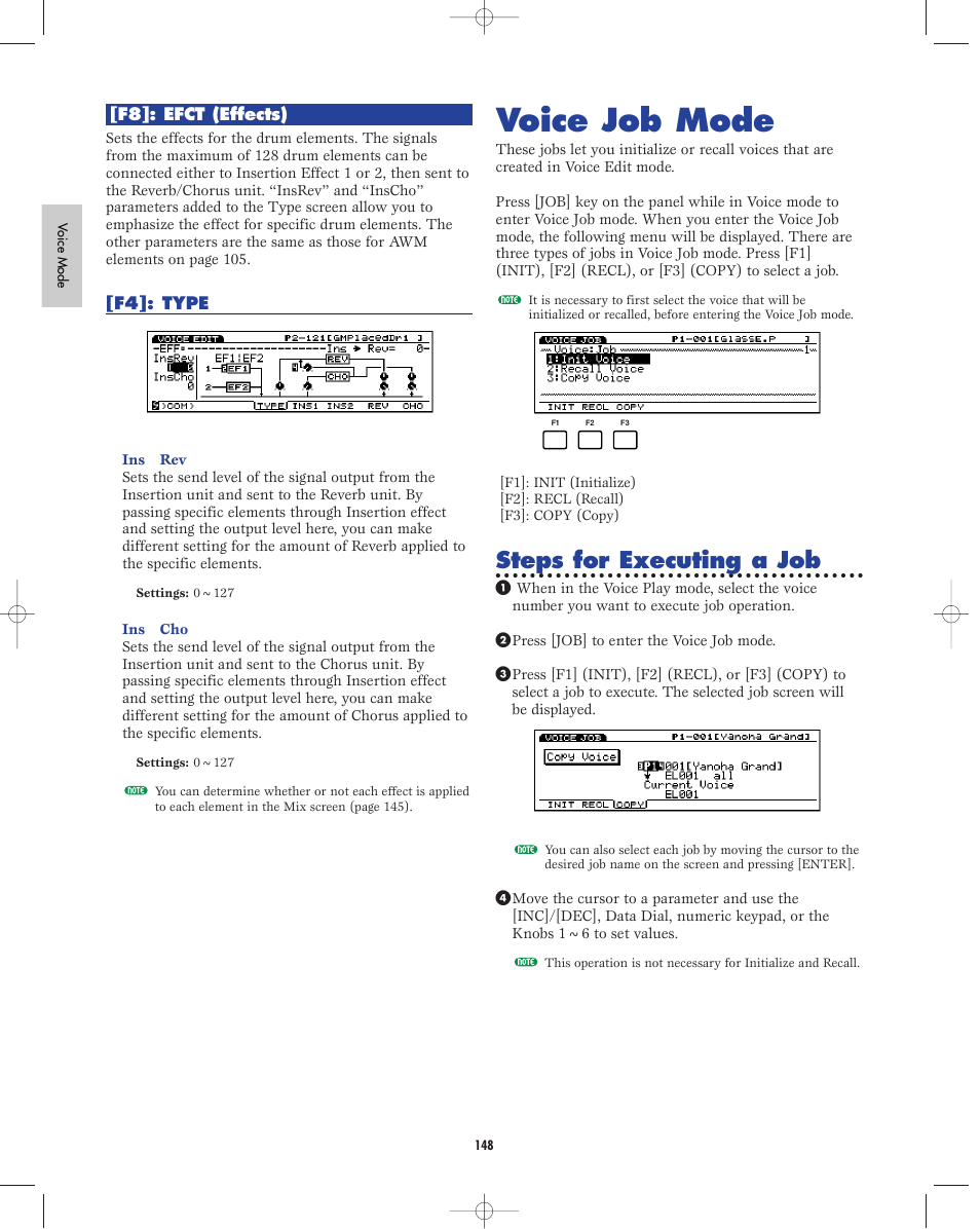 Voice job mode, F8:effect, F4:type | Steps for executing a job | Yamaha EX5R User Manual | Page 148 / 304