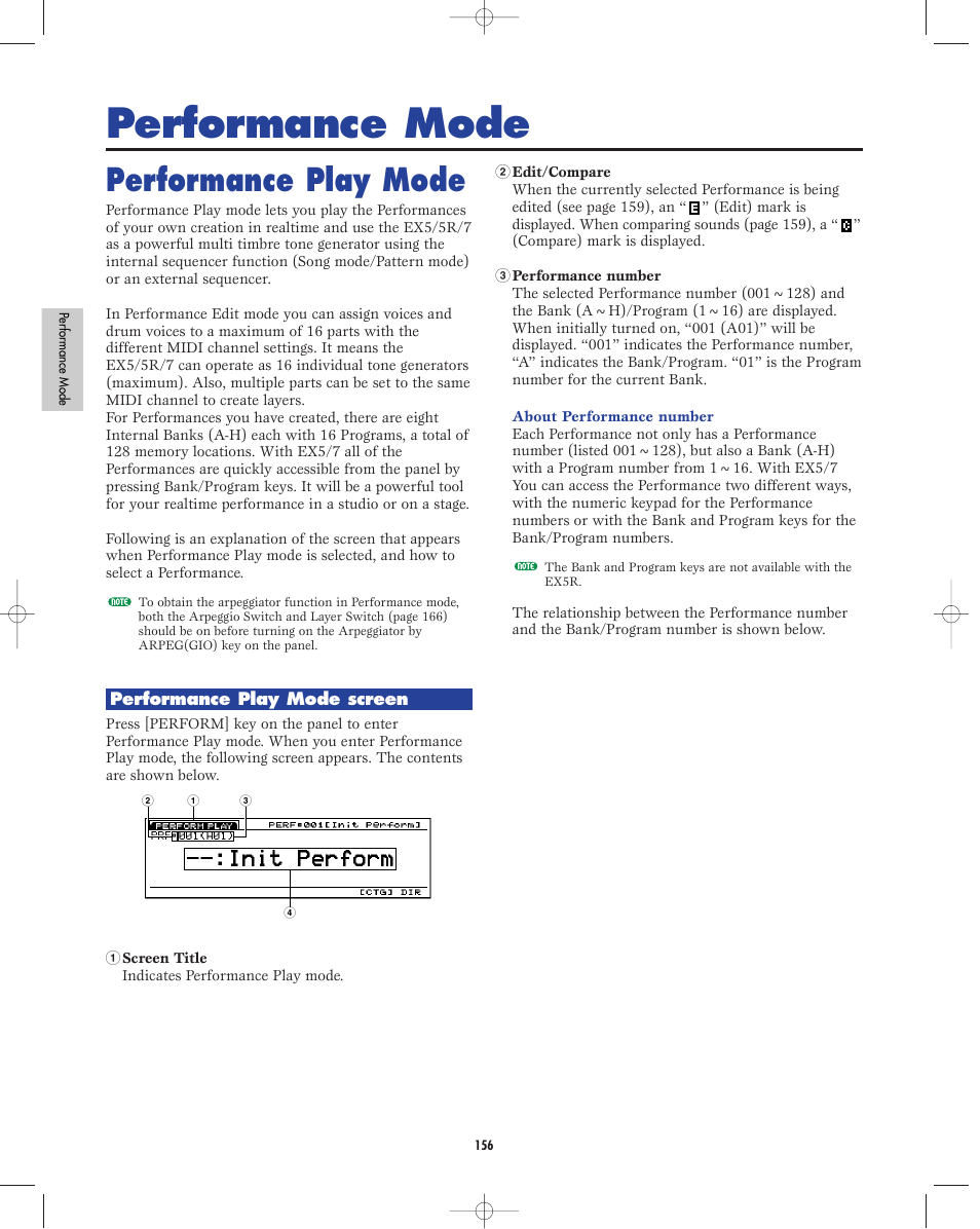 Performance mode, Performance play mode | Yamaha EX5R User Manual | Page 156 / 304