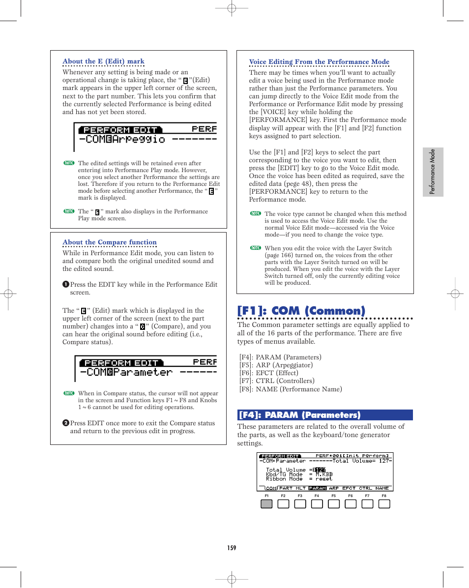 F1]: com (common), F4]: param (parameters) | Yamaha EX5R User Manual | Page 159 / 304