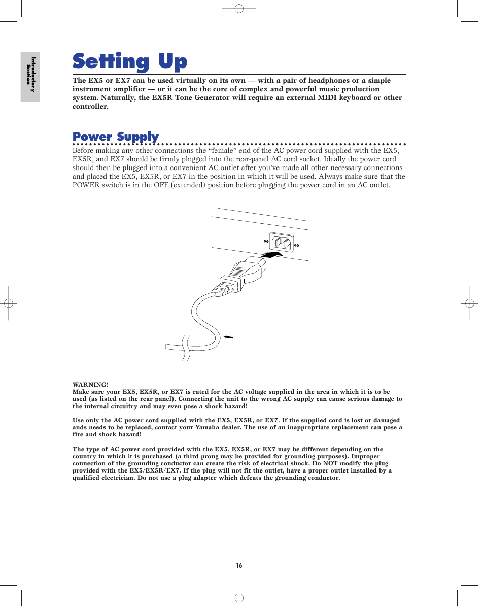 Setting up, Power supply | Yamaha EX5R User Manual | Page 16 / 304