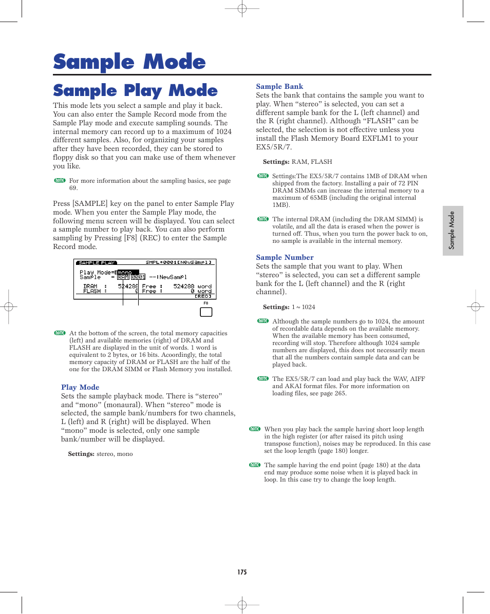 Sample mode, Sample play mode | Yamaha EX5R User Manual | Page 175 / 304