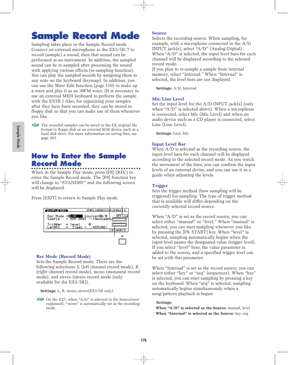 Sample record mode, How to enter the sample record mode | Yamaha EX5R User Manual | Page 176 / 304