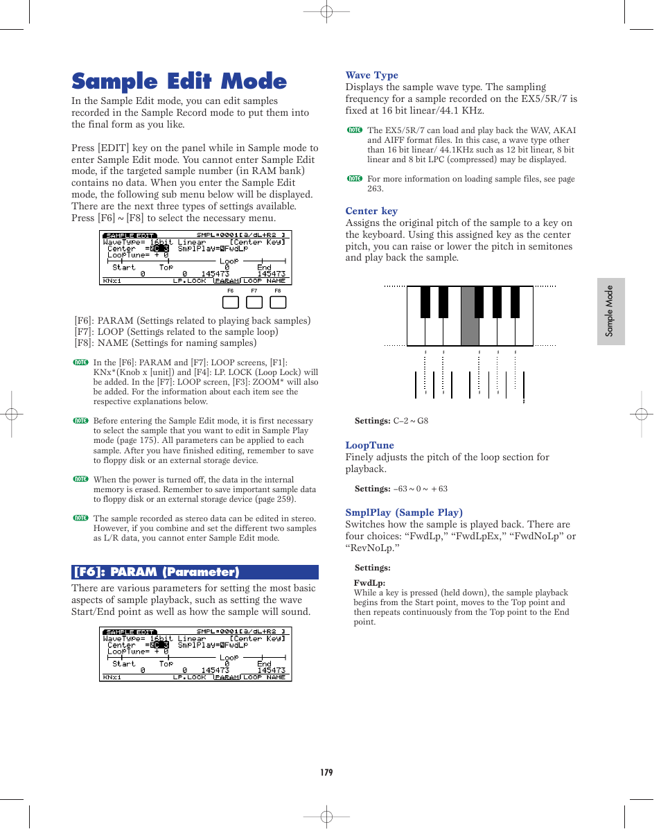 Sample edit mode, F6]: param (parameter) | Yamaha EX5R User Manual | Page 179 / 304