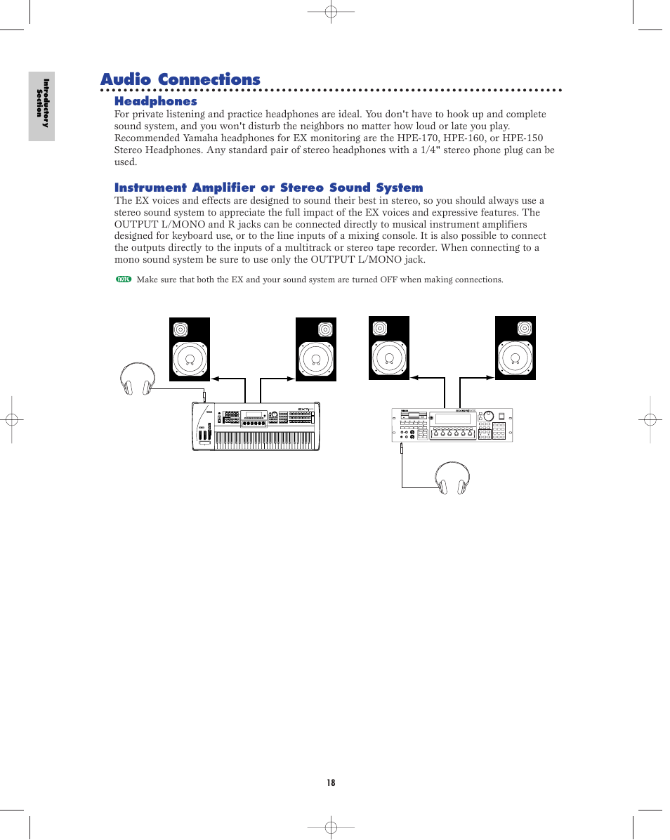 Audio connections, Headphones, Instrument amplifier or stereo sound system | Yamaha EX5R User Manual | Page 18 / 304