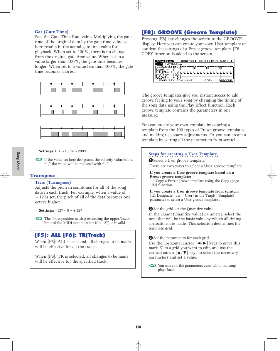 Transpose, F5]: all [f6]: tr(track), F8]: groove (groove template) | Yamaha EX5R User Manual | Page 190 / 304