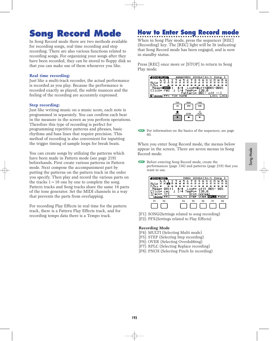 Song record mode, How to enter song record mode | Yamaha EX5R User Manual | Page 193 / 304