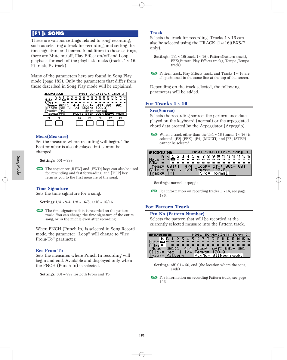 F1]: song, For tracks 1~16, For pattern track | Yamaha EX5R User Manual | Page 194 / 304