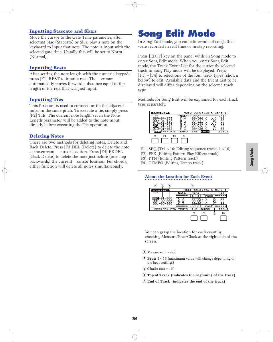 Song edit mode, Inputting staccato and slurs, Inputting rests | Inputting ties | Yamaha EX5R User Manual | Page 201 / 304