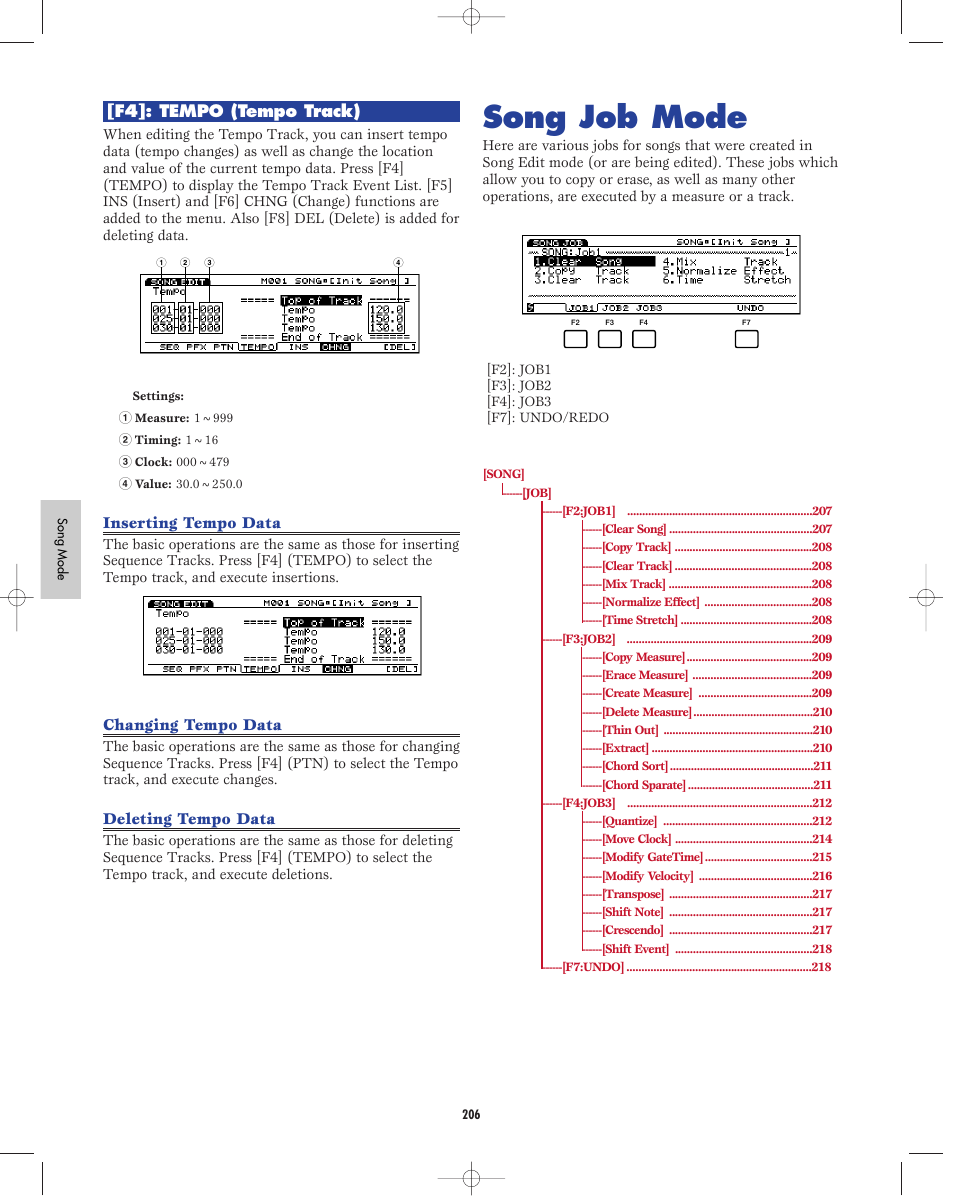 Song job mode, F4]: tempo (tempo track), Inserting tempo data | Changing tempo data, Deleting tempo data | Yamaha EX5R User Manual | Page 206 / 304