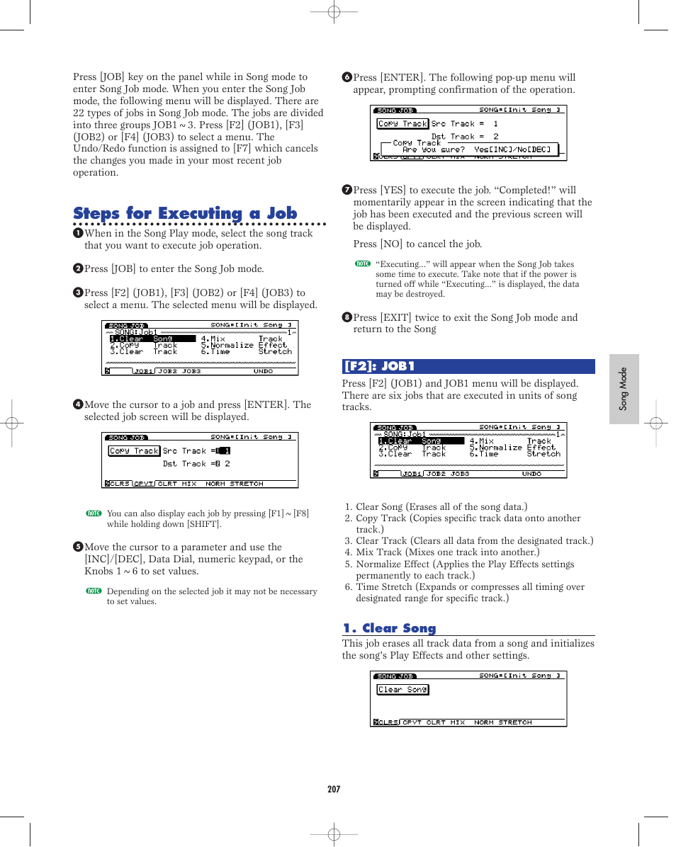 F2:job1, Clear song, Steps for executing a job | Yamaha EX5R User Manual | Page 207 / 304