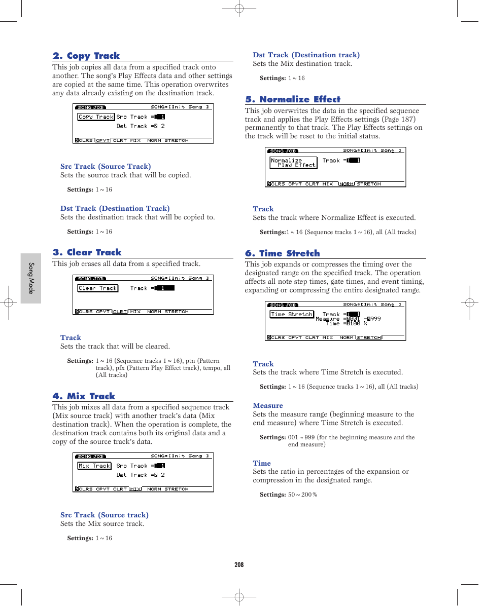 Copy track, Clear track, Mix track | Normalize effect, Time stretch | Yamaha EX5R User Manual | Page 208 / 304