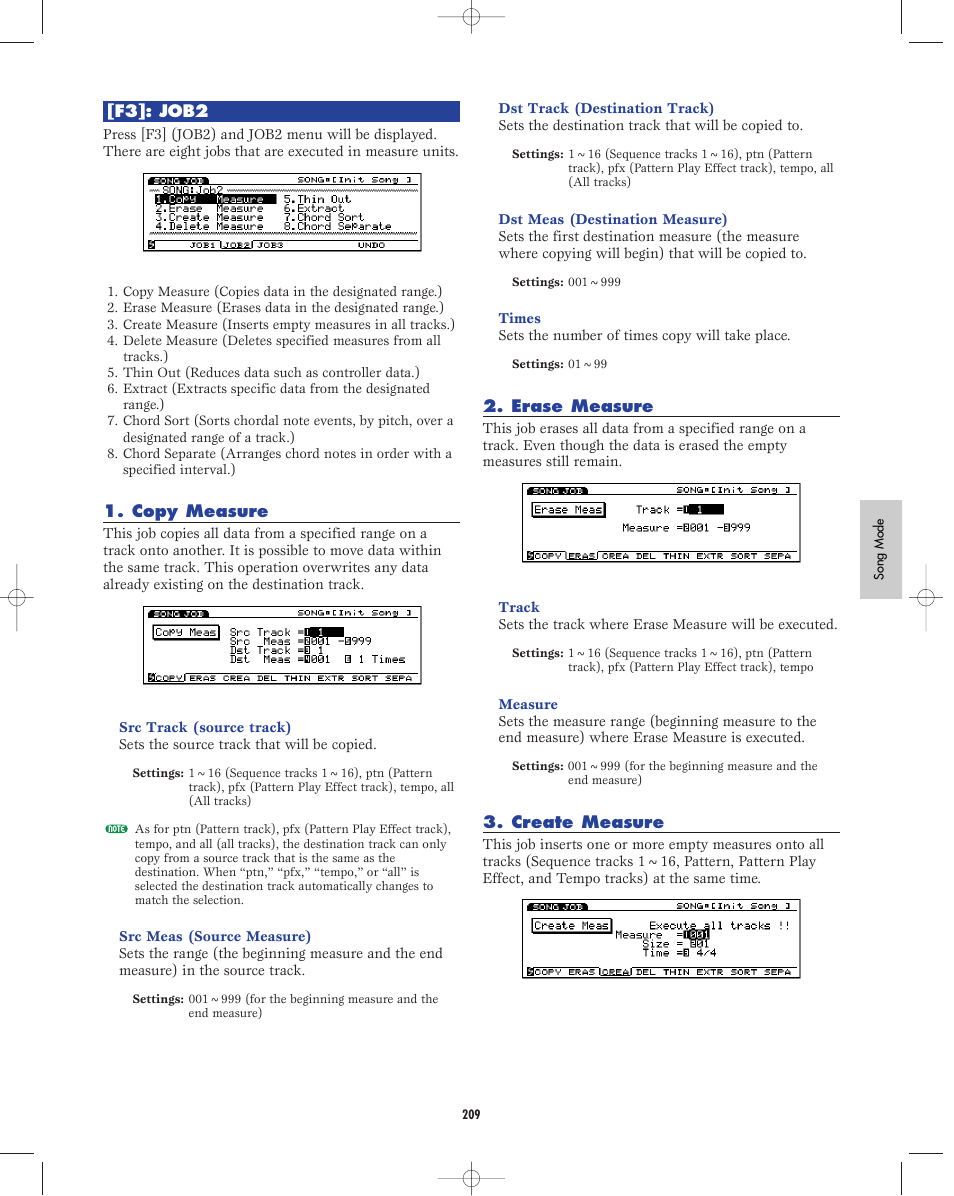 F3:job2, Copy measure, Erace measure | Create measure | Yamaha EX5R User Manual | Page 209 / 304